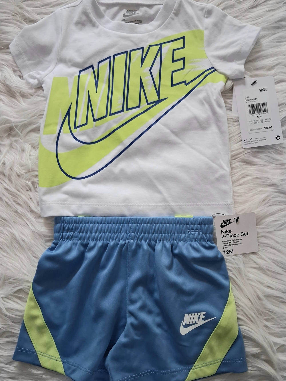 Nike Toddler 2-Piece Tee & Shorts Set in White, Neon Yellow & Blue-NWT